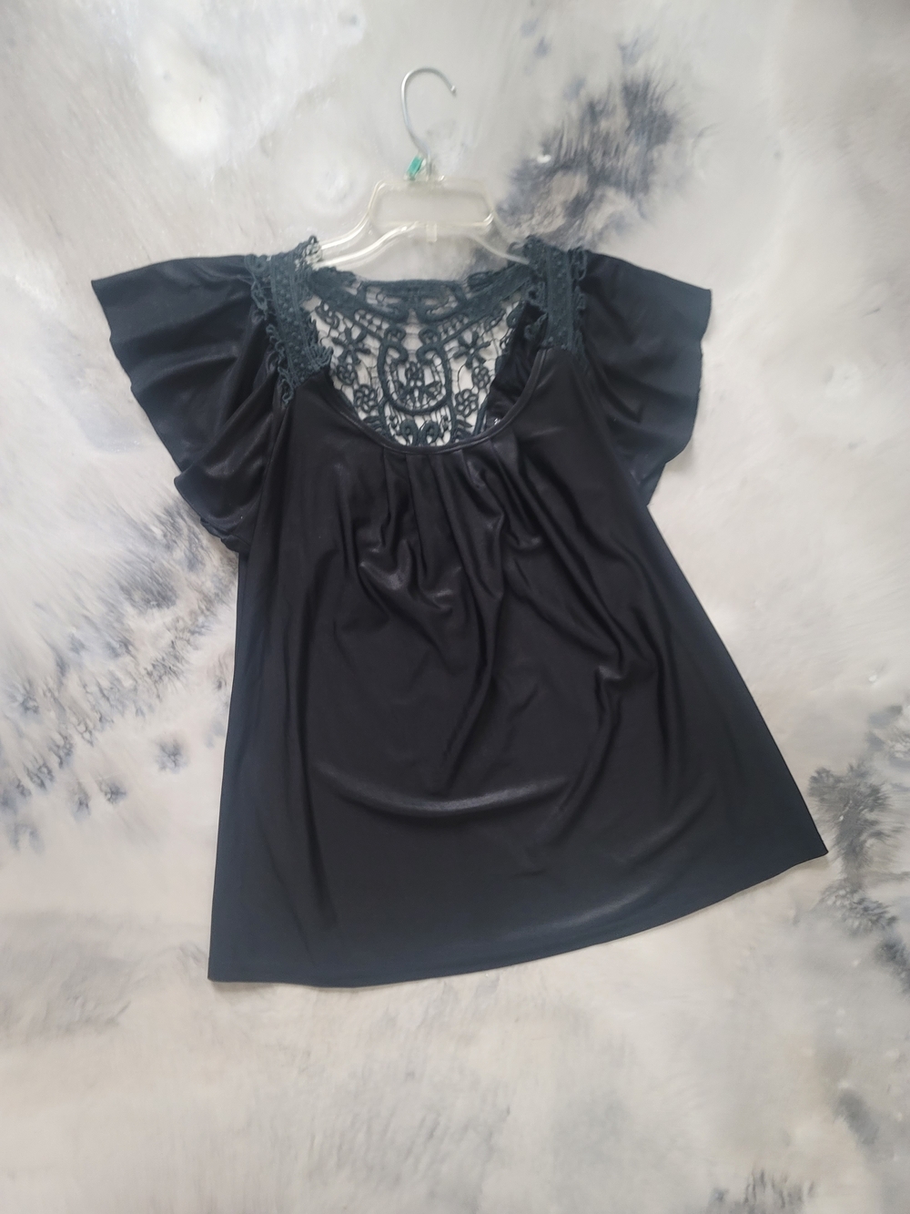 Finesse Black Lace Yoke Flutter Sleeve Top